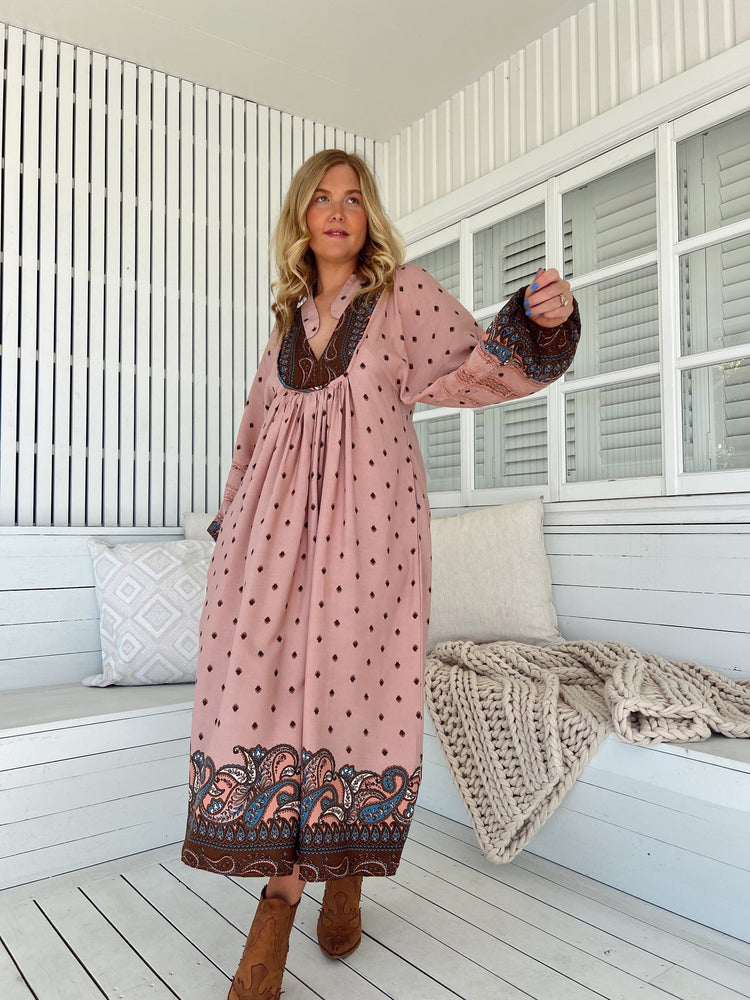 Jaase Boheme Midi Dress with Long Sleeve Lace Detail V Neck Pockets - Seraphina - Style House Fashion Jaase Jaase Jaase