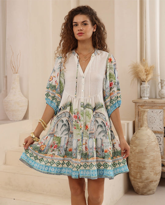 Iris Maxi Emma Mini Dress with V-Neck Buttons Pockets - Cleo