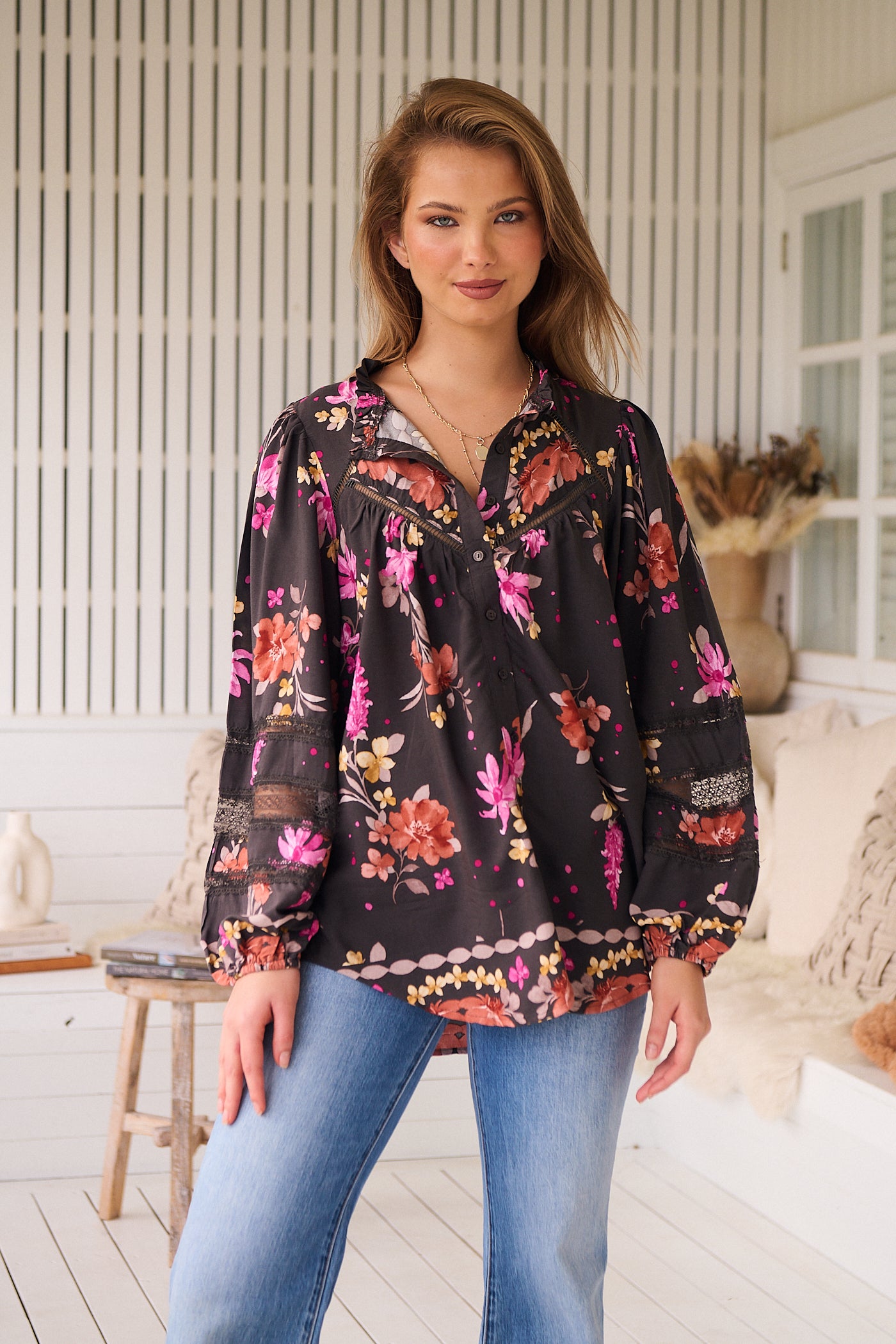 Jaase Eliza Blouse with V-Neck Lace Buttons Balloon Sleeve - Monarch Bloom - Style House Fashion