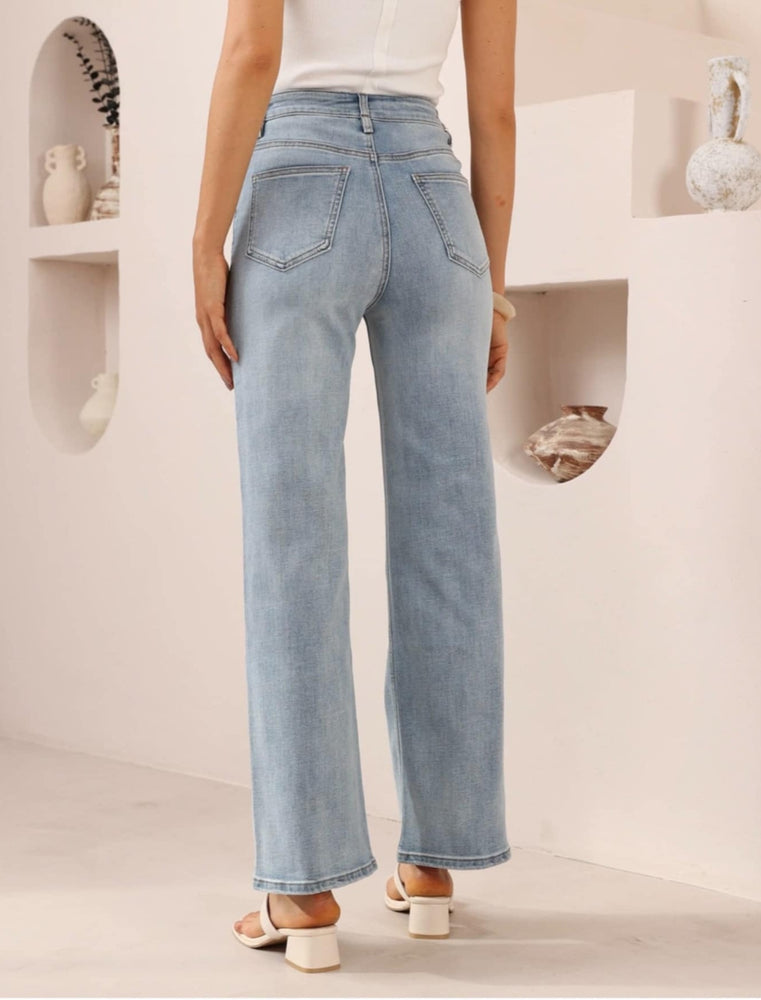 Iris Maxi Mollie Stretch Mid- High Rise Straight Leg Denim Jeans - Light Blue