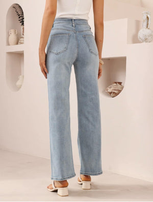 Iris Maxi Mollie Stretch Mid- High Rise Straight Leg Denim Jeans - Light Blue