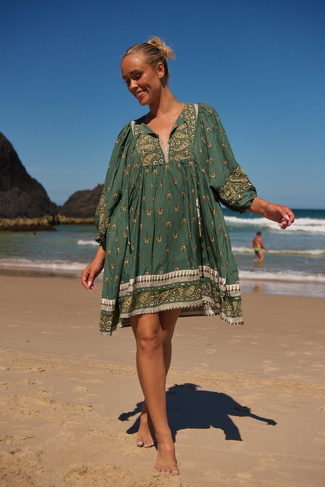 Jaase Adela Dress with Buttoned Bodice V-Neck Pockets - Viridian