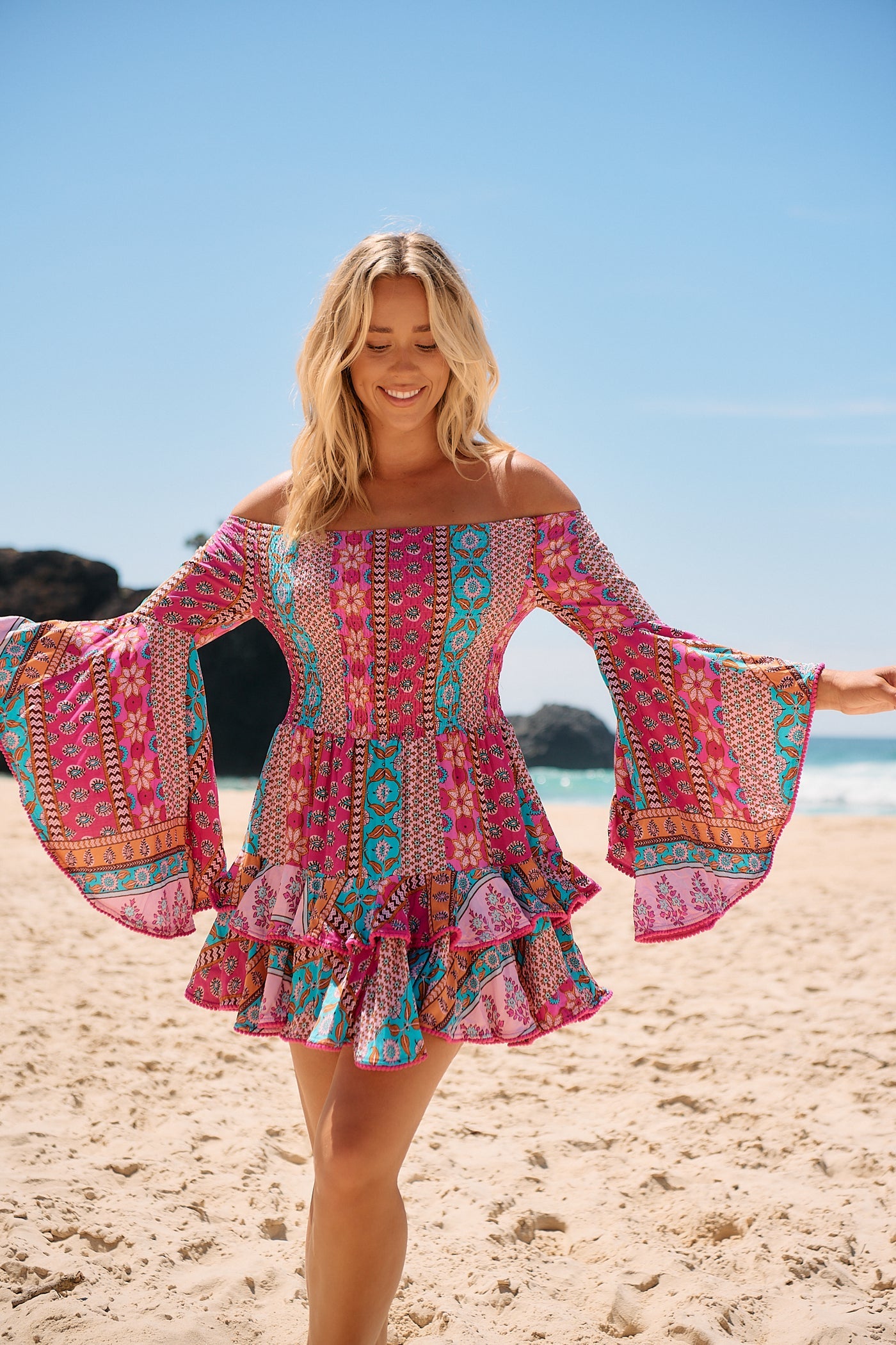 Jaase Primrose Mini Dress with Flared Boho Sleeve Shirred Bust - Cedella - Style House Fashion Jaase Jaase