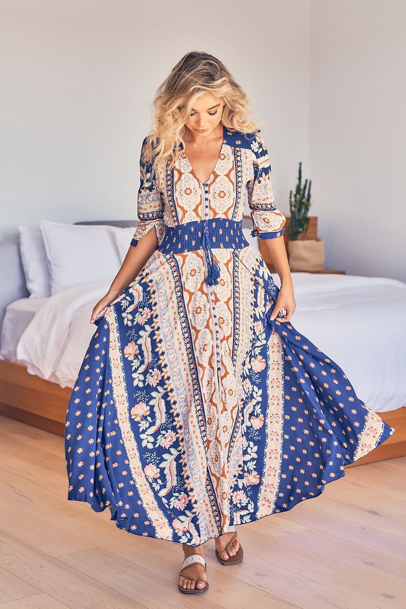 Jaase Indiana Maxi Dress with V Neck Buttoned Shirred Waist - Asha - Style House Fashion