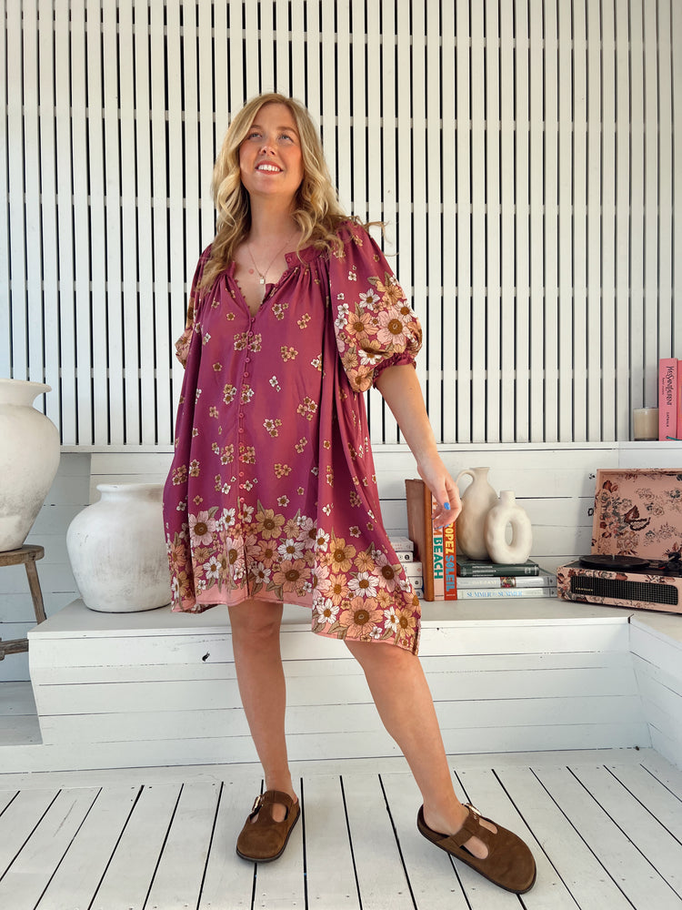 Jaase Evelyn Mini Dress with Pockets V Neck Buttoned Relaxed Shift - Bee Orchid - Style House Fashion Jaase