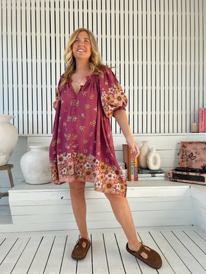 Jaase Evelyn Mini Dress with Pockets V Neck Buttoned Relaxed Shift - Bee Orchid - Style House Fashion Jaase