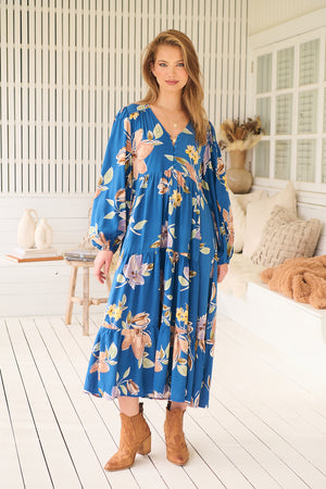 Jaase Eve Midi Dress with V-Neck Buttons Long Sleeve - Georgia Blue - Style House Fashion Jaase Jaase