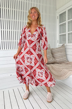 Jaase Lenni Midi Dress with V-Neck Buttoned A-Line Skirt Puff Sleeve - Rosa
