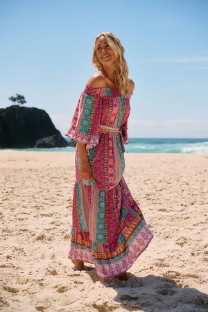 Jaase Tegan Maxi Dress with Shirred Waist Off Shoulder Wing Sleeve - Cedella - Style House Fashion
