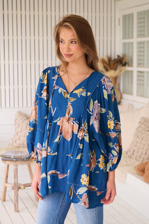 Jaase Adela Blouse Tunic with Buttoned Bodice V Neck - Georgia Blue - Style House Fashion Jaase