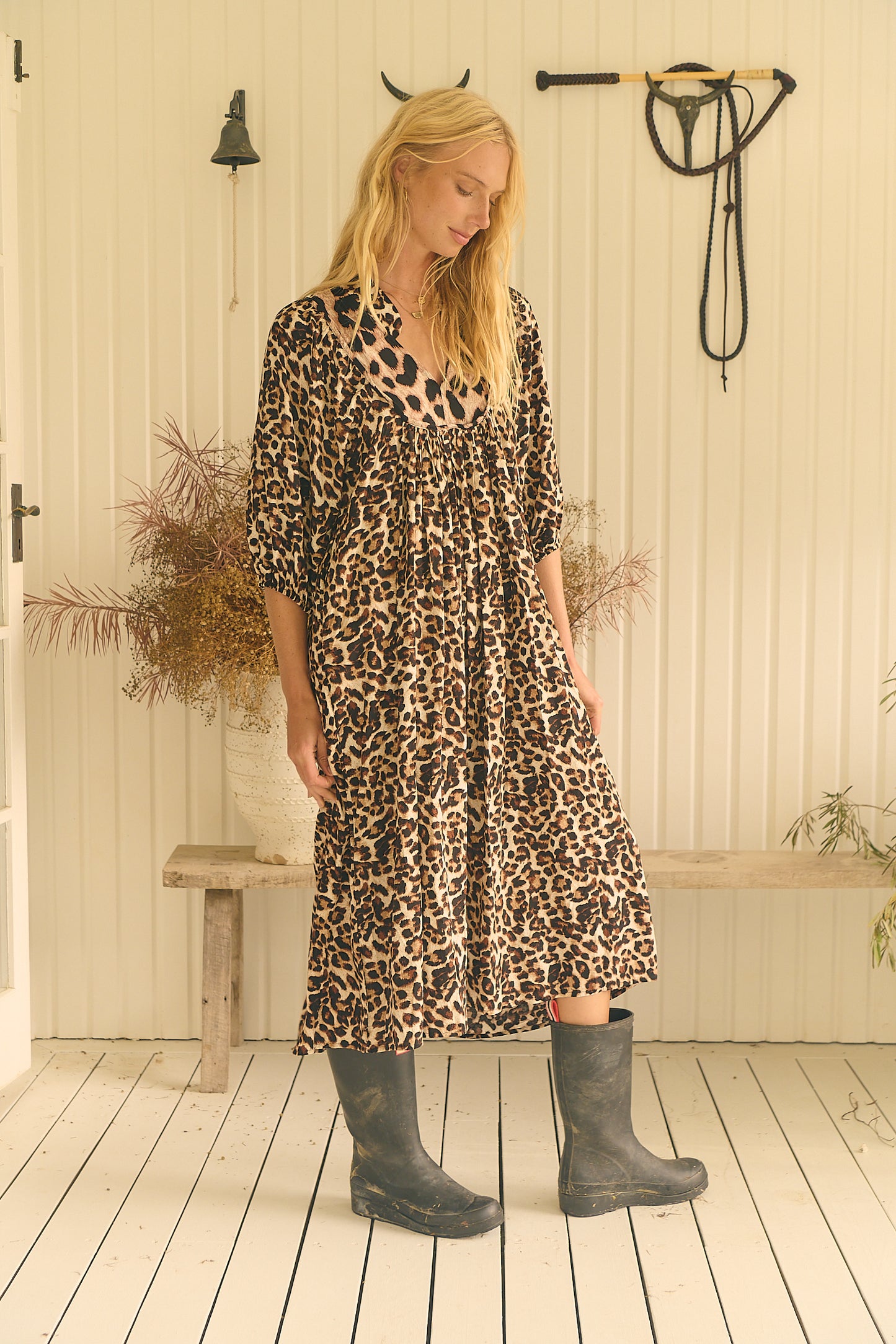 Jaase Boheme Midi Dress with Billowy Sleeve V-Neck Pockets - Untamed - Style House Fashion