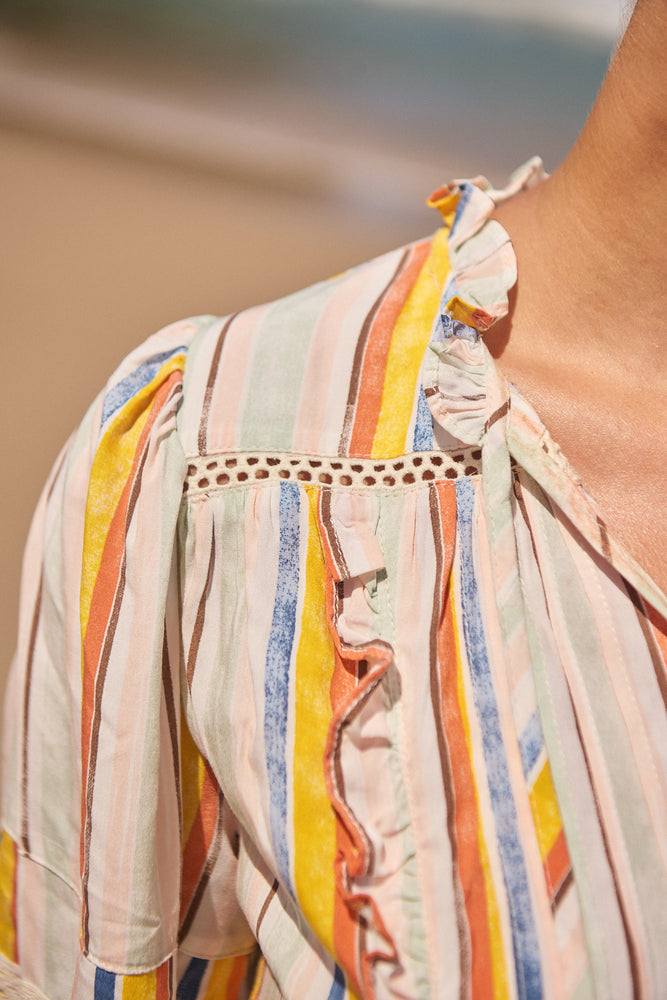 Jaase Remy Mini Dress with Pockets Drawstring Waist Half Sleeve Button Bodice - Coloured Sands - Style House Fashion Jaase Jaase