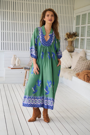 Jaase Boheme Midi Dress with Mandarin Collar V Neck Pockets - Bluebird - Style House Fashion Jaase