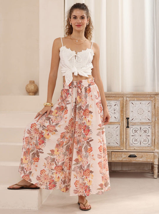 Iris Maxi Palazzo Pants Drawstring Waist Wide Leg - Luxe Blooms