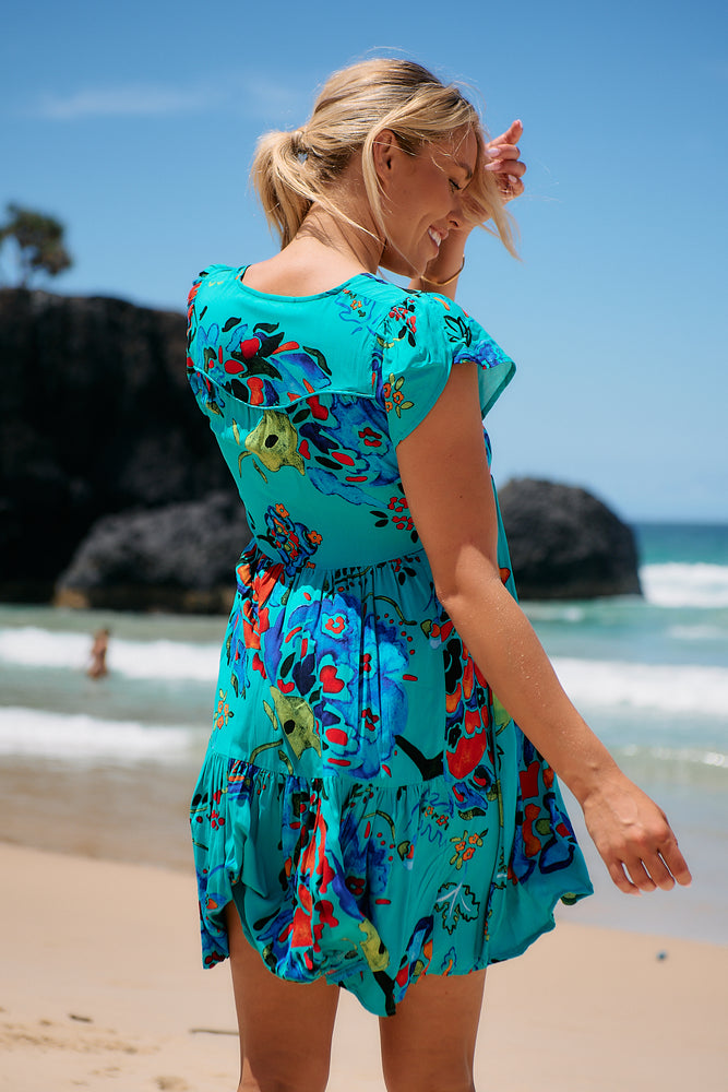 Jaase Tracey Mini Dress V Neck Short Shell Sleeve Button Bodice - Isla Mare - Style House Fashion Jaase