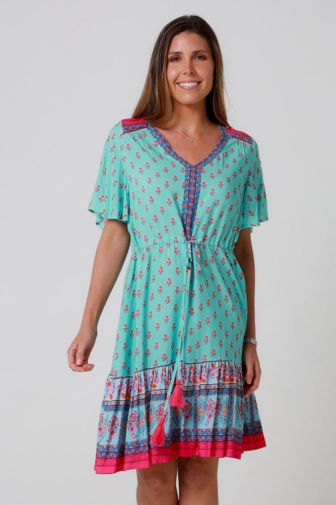 Isabella Wrenlea Mini Dress with V-Neck Pockets - Aqua Floral