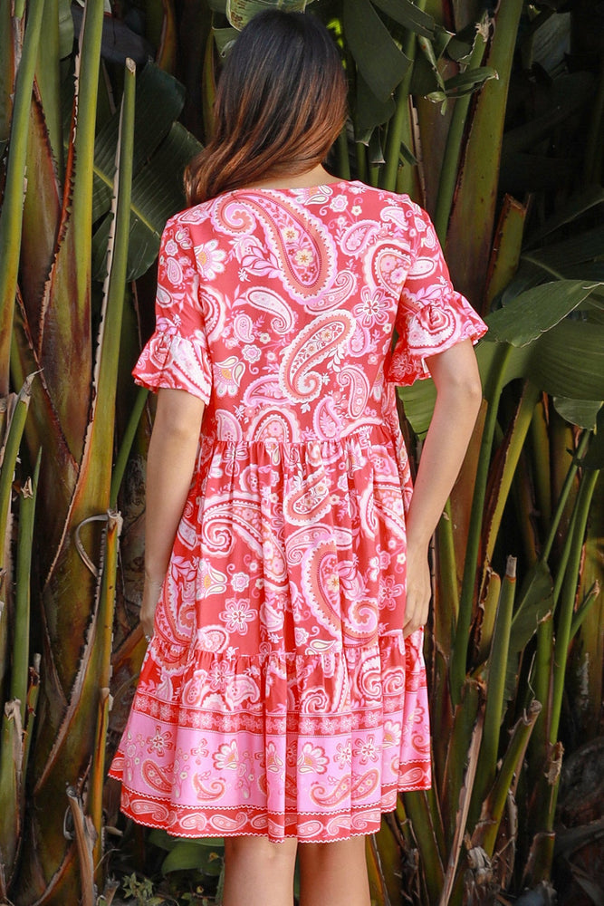 Isabella Delilah Mini Dress with V-Neck Buttons Pockets - Pink Crush