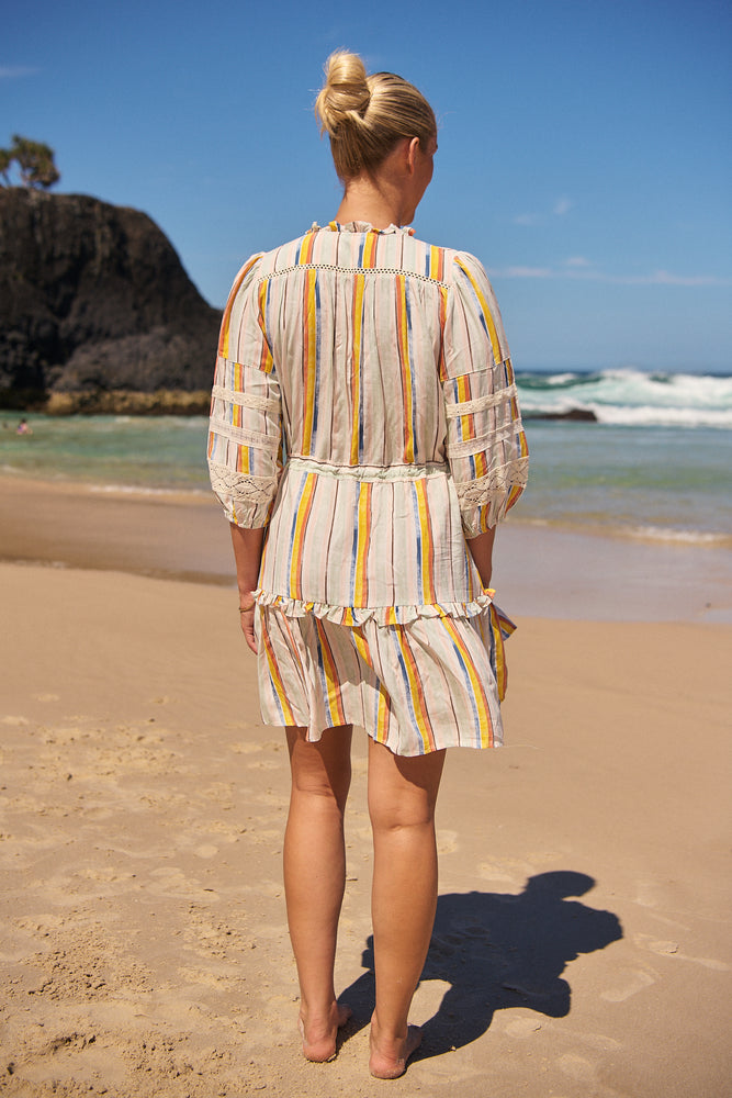 Jaase Remy Mini Dress with Pockets Drawstring Waist Half Sleeve Button Bodice - Coloured Sands - Style House Fashion Jaase Jaase