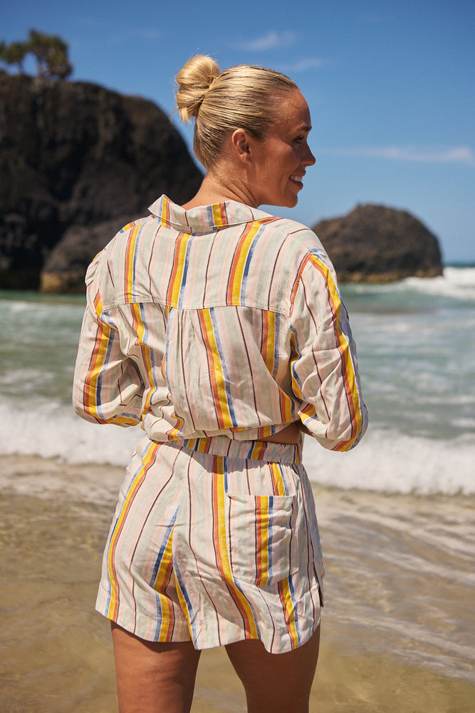 Jaase Rhiannon Shirt Blouse with V Neck Collar Buttoned Front - Coloured Sands - Style House Fashion Jaase Jaase Jaase Jaase