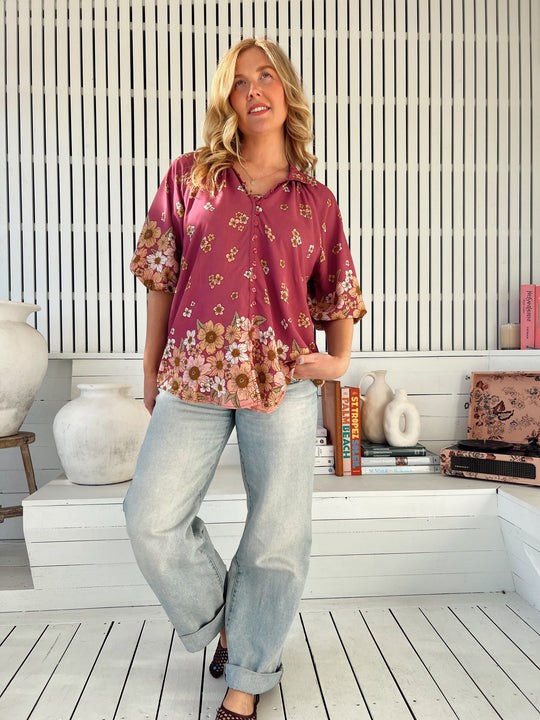 Jaase Arden Blouse with V-Neck Buttoned Half Sleeve Elastic Cuff - Bee Orchid