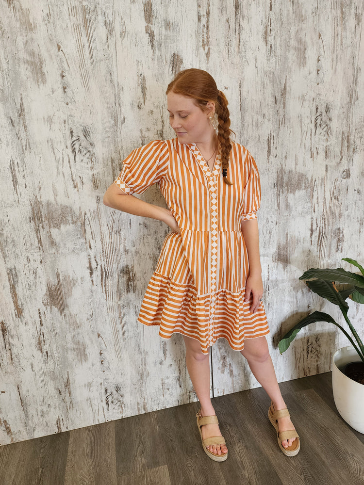 Joop & Gypsy Stripe Mini Dress V Neck Pockets - Pumpkin Striped - Style House Fashion Joop and Gypsy Joop and Gypsy Joop and Gypsy Joop and Gypsy Joop and Gypsy Joop and Gypsy