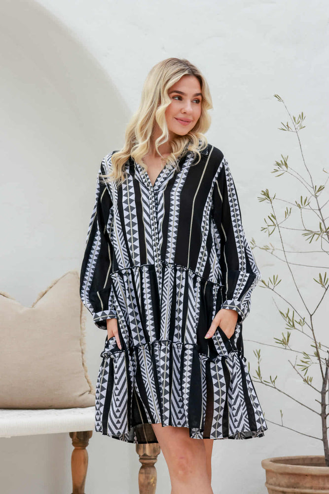 Joop & Gypsy Karri Jacquard Dress with V-Neck Collar Pockets - Black Lurex - Style House Fashion Joop and Gypsy