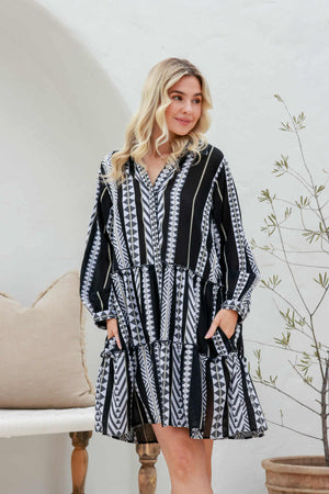 Joop & Gypsy Karri Jacquard Dress with V-Neck Collar Pockets - Black Lurex - Style House Fashion Joop and Gypsy
