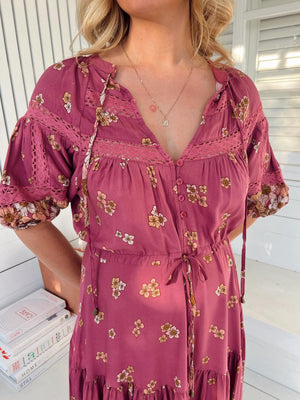 Jaase Elsa Maxi Dress with Button Bodice Puff Sleeve Lace Detail - Bee Orchid - Style House Fashion Jaase