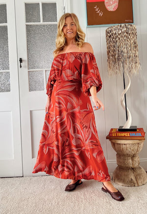 Jaase Hallie Maxi Dress with Off Shoulder A-Line Skirt Puff Sleeve - Hibiscus