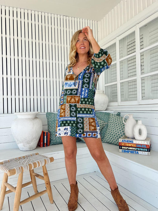 Jaase Lake Mini Dress with V Neck Tie Bodice - Emerald Cove