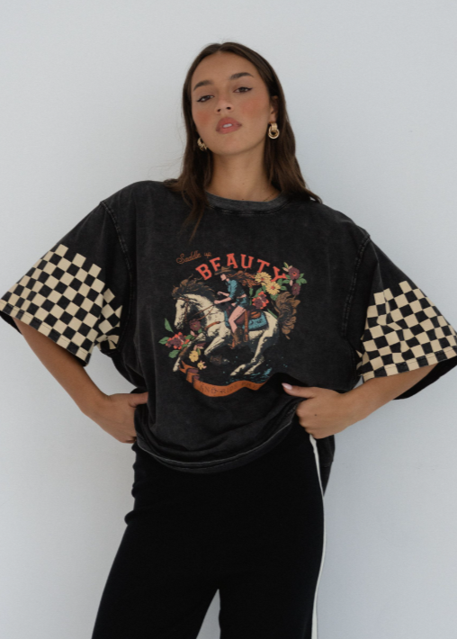 Paper Heart Saddle Up Beauty Slightly Oversized Vintage T-Shirt - Black Stone Wash - Style House Fashion Paper Heart