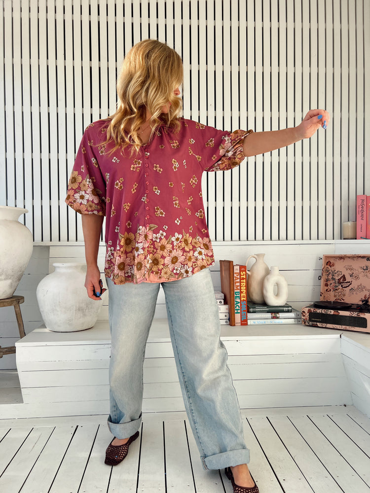 Jaase Arden Blouse with V-Neck Buttoned Half Sleeve Elastic Cuff - Bee Orchid - Style House Fashion Jaase