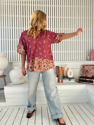 Jaase Arden Blouse with V-Neck Buttoned Half Sleeve Elastic Cuff - Bee Orchid - Style House Fashion Jaase