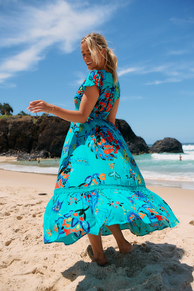 Jaase Carmen Maxi Dress with Cap Shell Sleeve V Neck Pockets Buttoned - Isla Mare - Style House Fashion Jaase Jaase Jaase