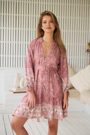 Jaase Inka Mini Dress with V Neck Buttoned Long Sleeve - Angelina - Style House Fashion Jaase Jaase Jaase