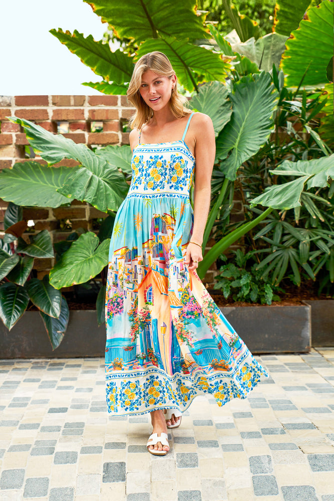 Primrose Armaan Maxi Dress with Shirred Back Square Neckline Pockets Adjustable Straps - Blue Haven