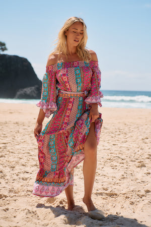 Jaase Tegan Maxi Dress with Shirred Waist Off Shoulder Wing Sleeve - Cedella - Style House Fashion