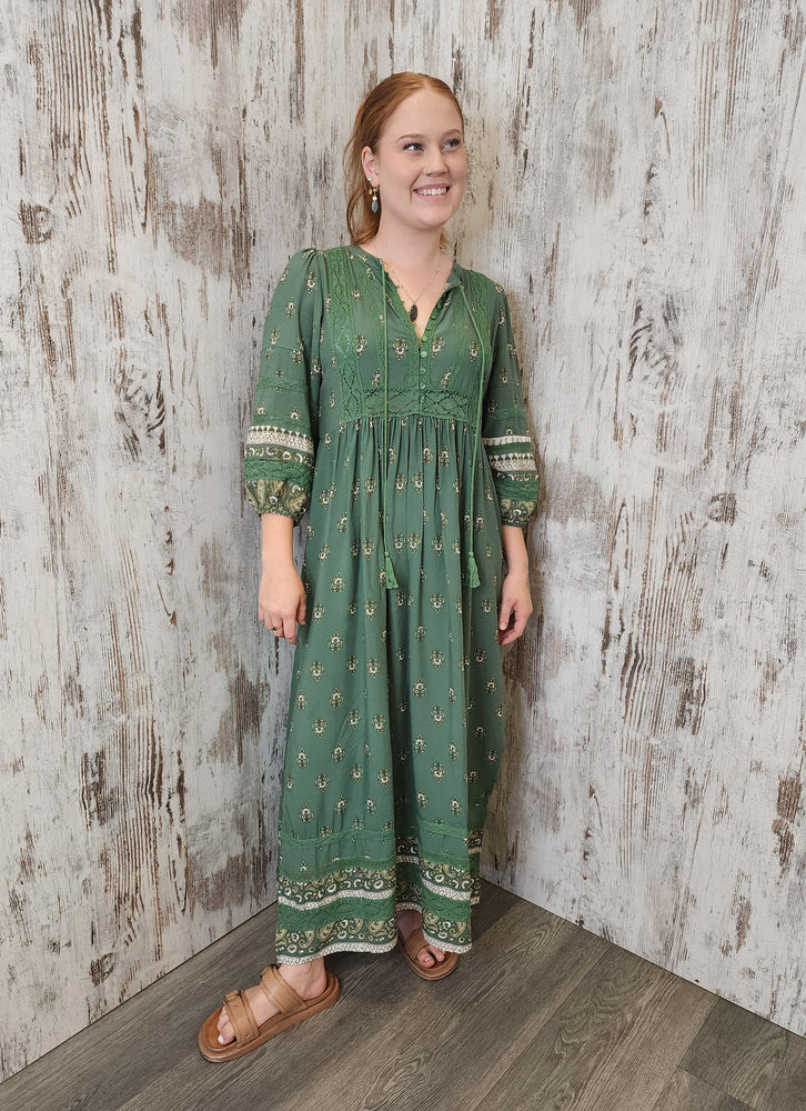 Jaase Meadow Maxi Dress with V Neck Button Bodice - Viridian