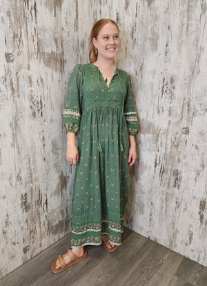 Jaase Meadow Maxi Dress with V Neck Button Bodice - Viridian