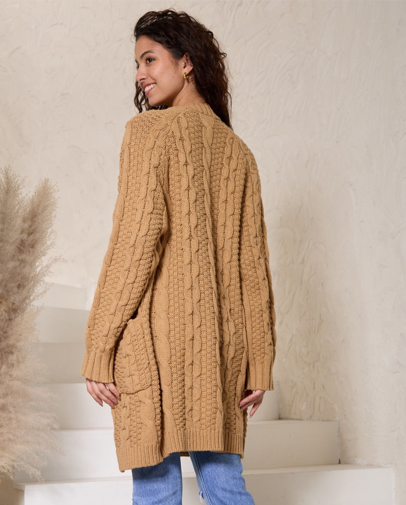 Iris Maxi Knitted Cotton Cardigan with Pockets Buttons - Caramel - Style House Fashion