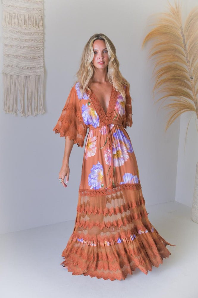 Jaase Bungalow Cotton Lace Maxi Dress with V-Neck Lace Drawstring Batwing Sleeve -Amara Bloom - Style House Fashion Jaase