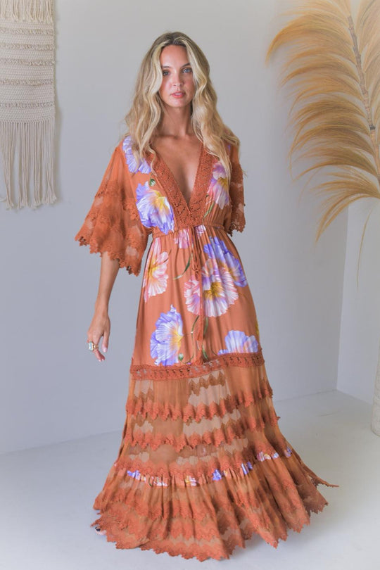 Jaase Bungalow Cotton Lace Maxi Dress with V-Neck Lace Drawstring Batwing Sleeve -Amara Bloom