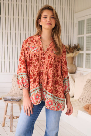Jaase Bee Blouse Top with Mandarin Collar V Neck Buttons Lace Detail - Lillianna - Style House Fashion Jaase