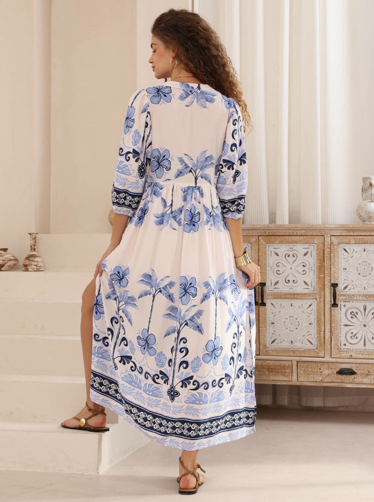 Iris Maxi Dee Maxi Dress with Pockets V Neck - Azure Palms