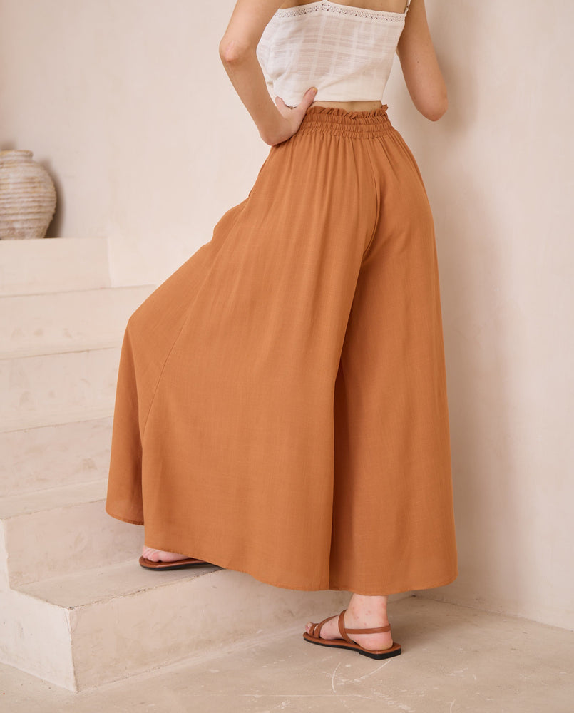 Iris Maxi Palazzo Pants Drawstring Waist Wide Leg - Rust - Style House Fashion