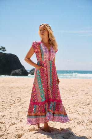 Jaase Carmen Maxi Dress with Cap Shell Sleeve V Neck Pockets Buttoned - Cedella - Style House Fashion Jaase Jaase Jaase
