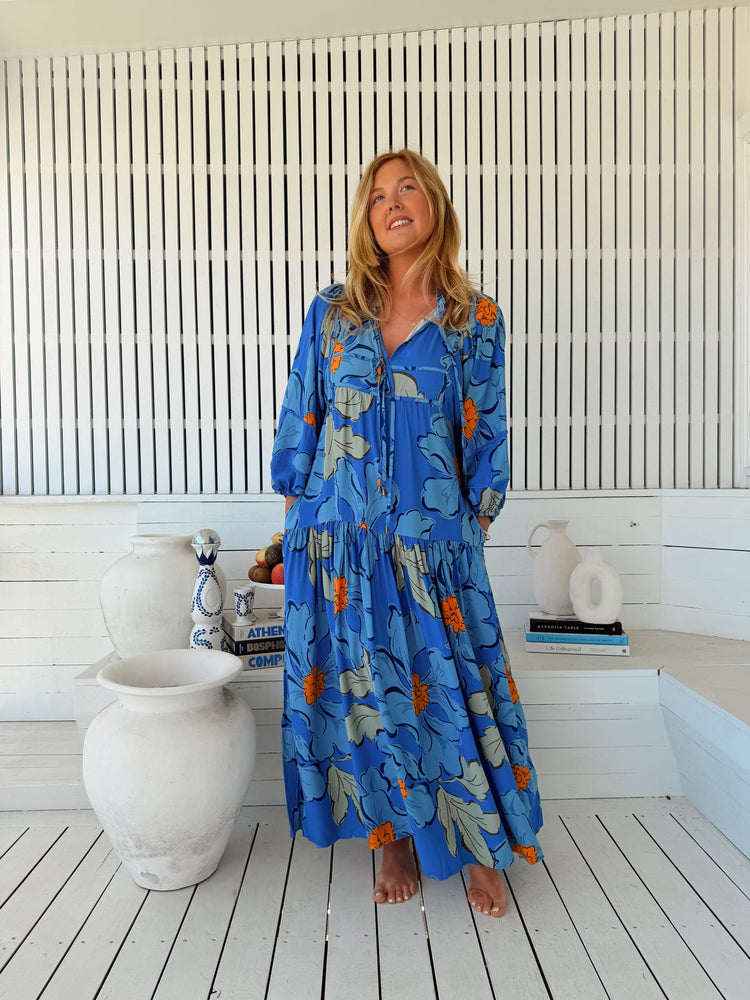 Jaase Loretta Maxi Dress with Pockets V-Neck Tie Bodice - Blue Bell - Style House Fashion Jaase