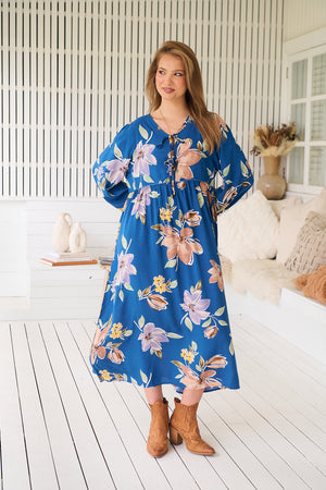 Jaase Penny Midi Dress with V-Neck Ties Elastic Cuff Sleeve - Georgia Blue - Style House Fashion Jaase