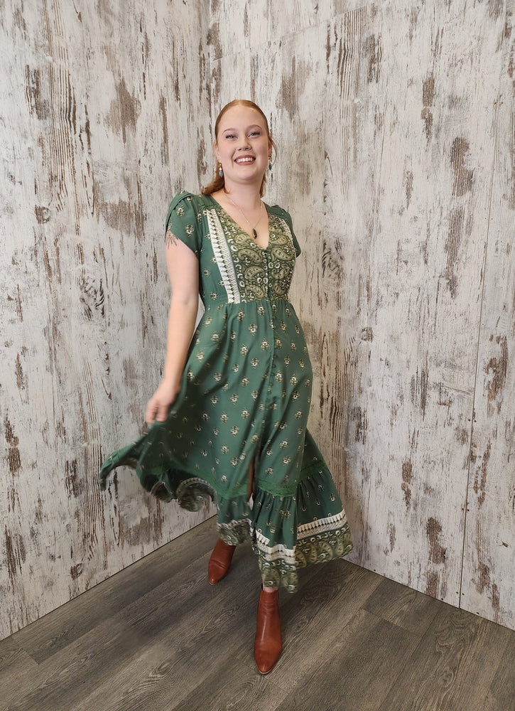 Jaase Carmen Maxi Dress with Cap Shell Sleeve V Neck Pockets Buttoned - Viridian - Style House Fashion Jaase Jaase Jaase Jaase Jaase Jaase