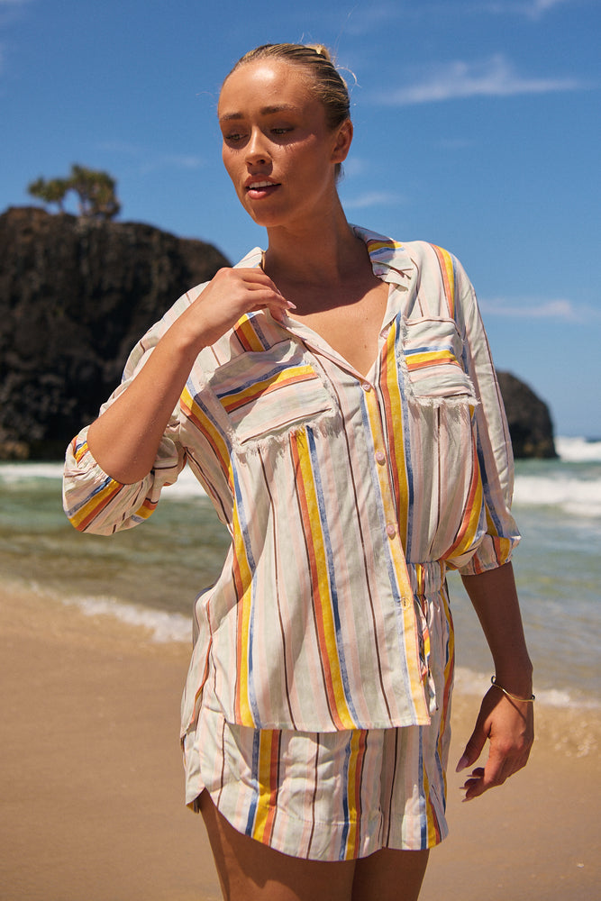 Jaase Rhiannon Shirt Blouse with V Neck Collar Buttoned Front - Coloured Sands - Style House Fashion Jaase Jaase Jaase Jaase